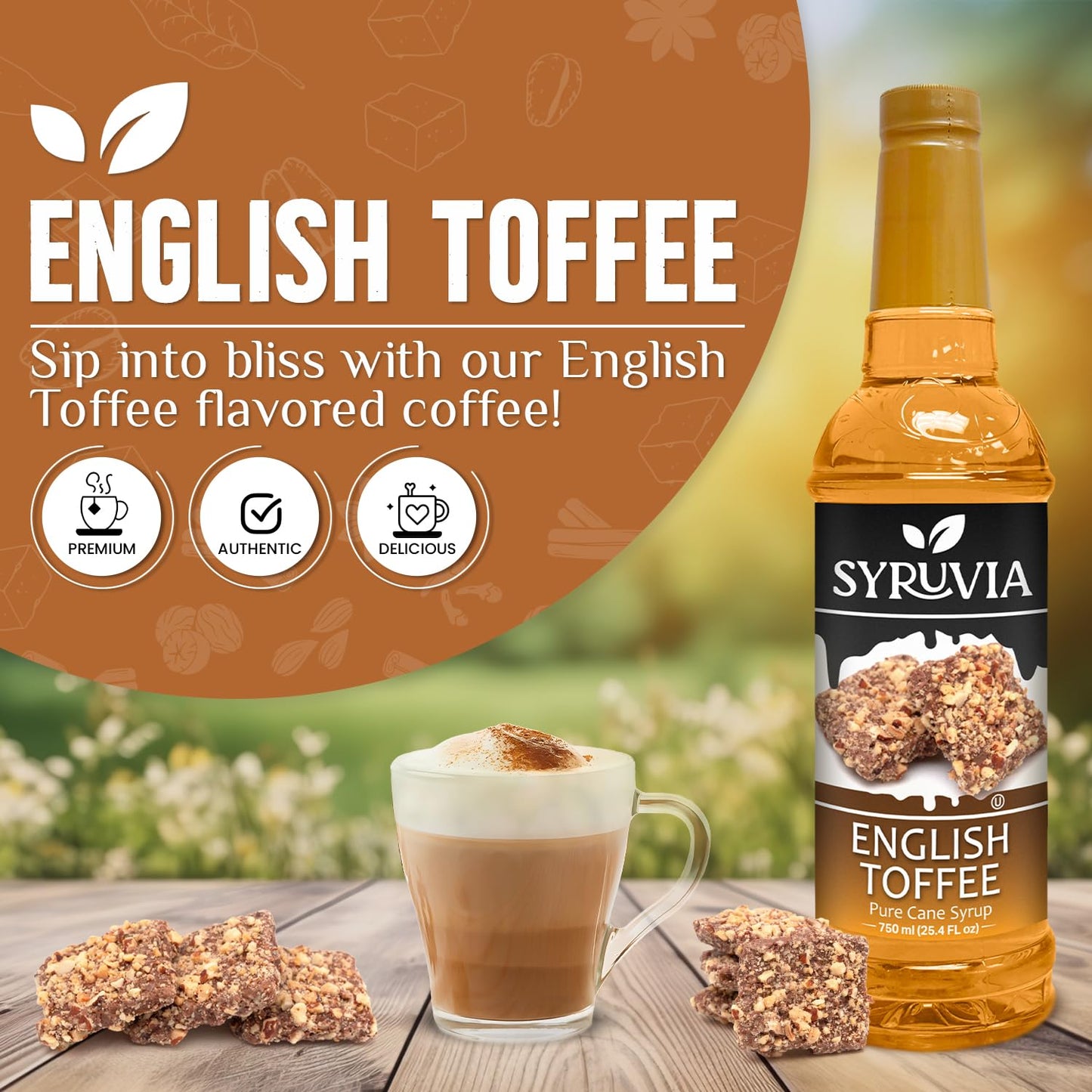 Syruvia English Toffee Coffee Syrup - 25.4 fl oz. Kosher and Gluten-Free. Perfect for enhancing drinks, sodas, shakes, desserts, and more.
