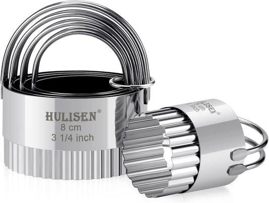 HULISEN Biscuit Cutter Set (5 Pieces/Set), Stainless Steel Round Biscuit Cutters with Handle, Wave Cookies Cutter with Fluted Edge, Professional Baking Dough Tools, Gift Package (Wave)