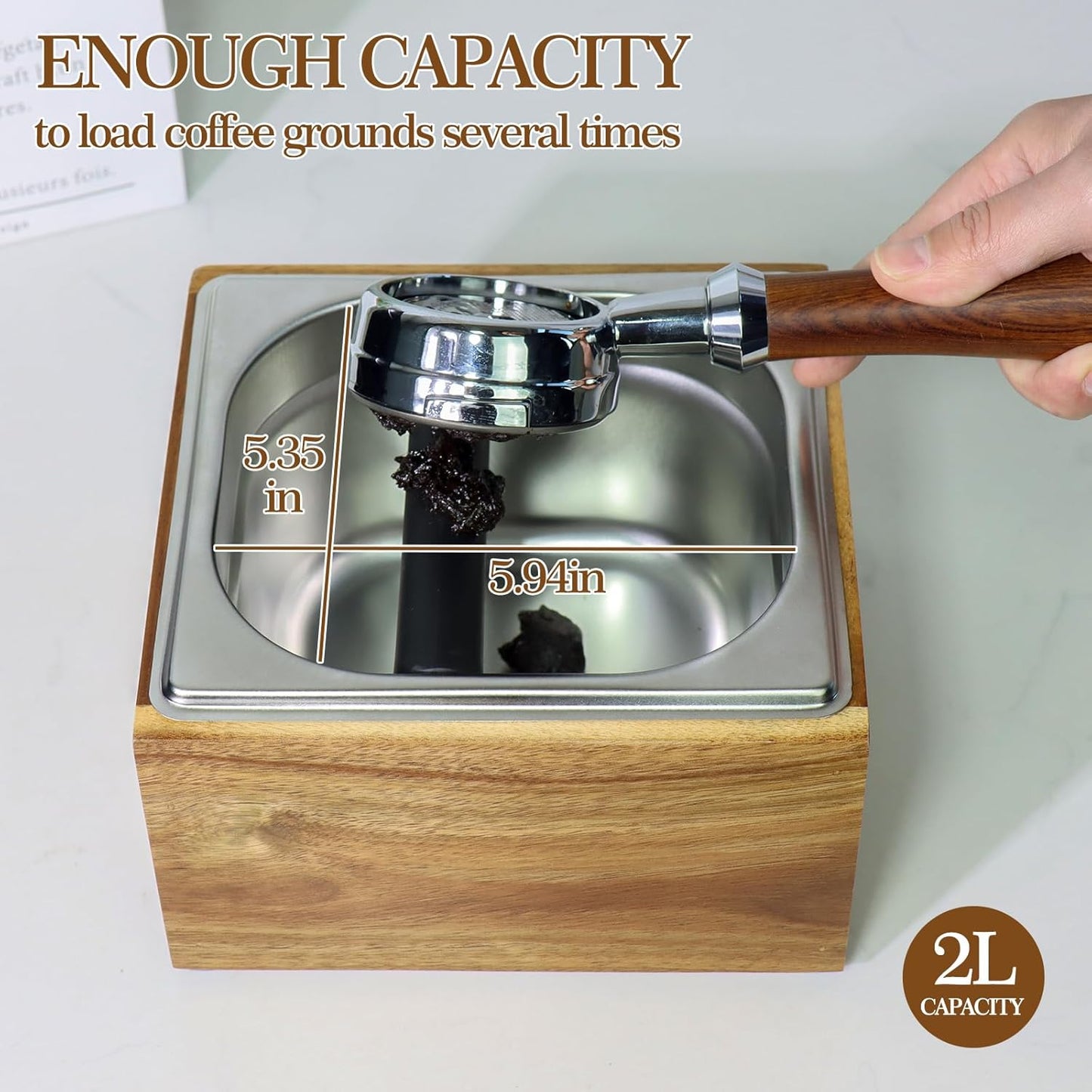 Acacia Wood Espresso Knock Box, Large Capacity with Stainless Steel Interior, Silicone Knock Bar, Anti-Slip Base, Noise-Reducing & Shock-Absorbing Design, Removable for Easy Cleaning