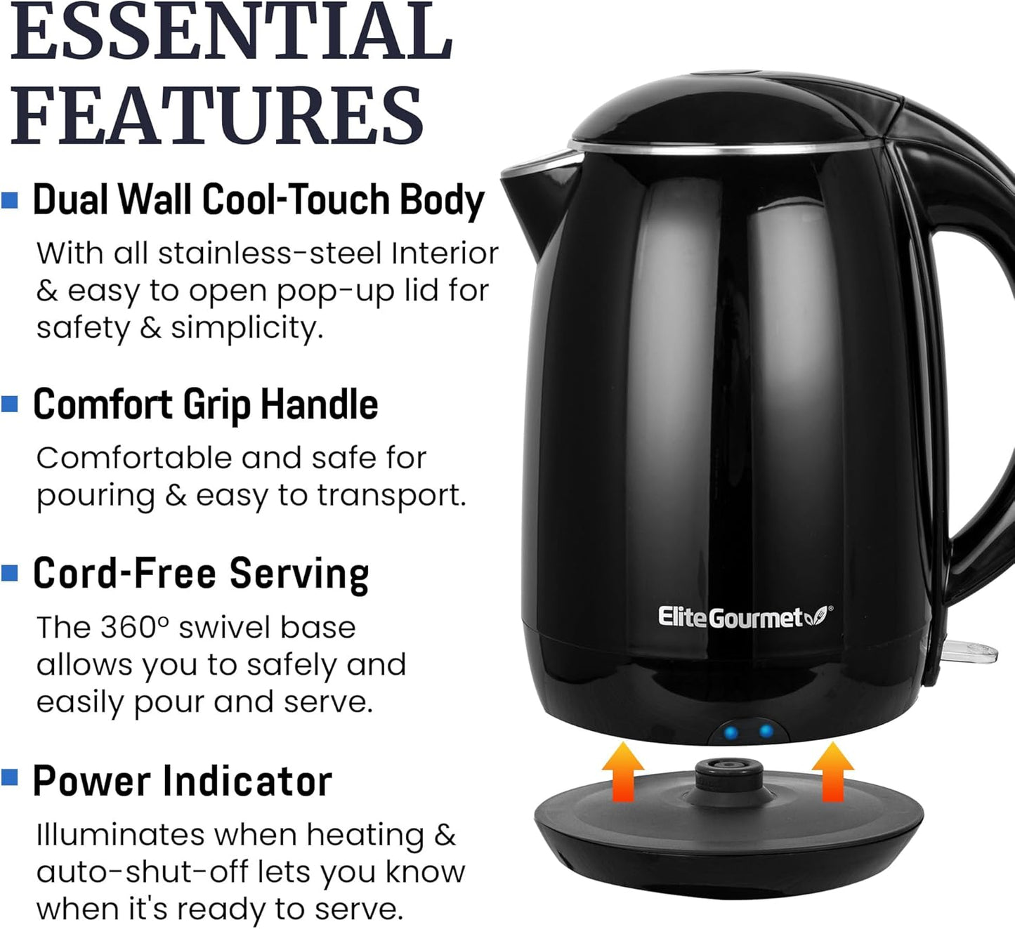 Elite Gourmet EKT1821 1.8L Double Wall Insulated, Cool-Touch 1500W Kettle w/Stainless Steel Interior & Lid, 360° Swivel Base for Cord Free Serving, Power On Lever, Auto Shut-Off, Boil Dry, Black