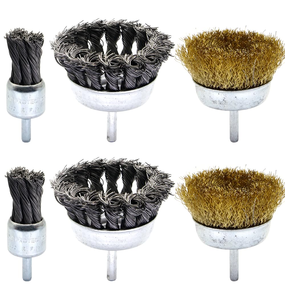 6-Piece Twisted Wire Brush Wheel Set - Metal Rust Removal, Polishing, Cleaning - 1/4″ (6mm) Shank - Removes Burrs, Dust, and Paint - Handles Rough Surfaces - Rotary Tool Accessories
