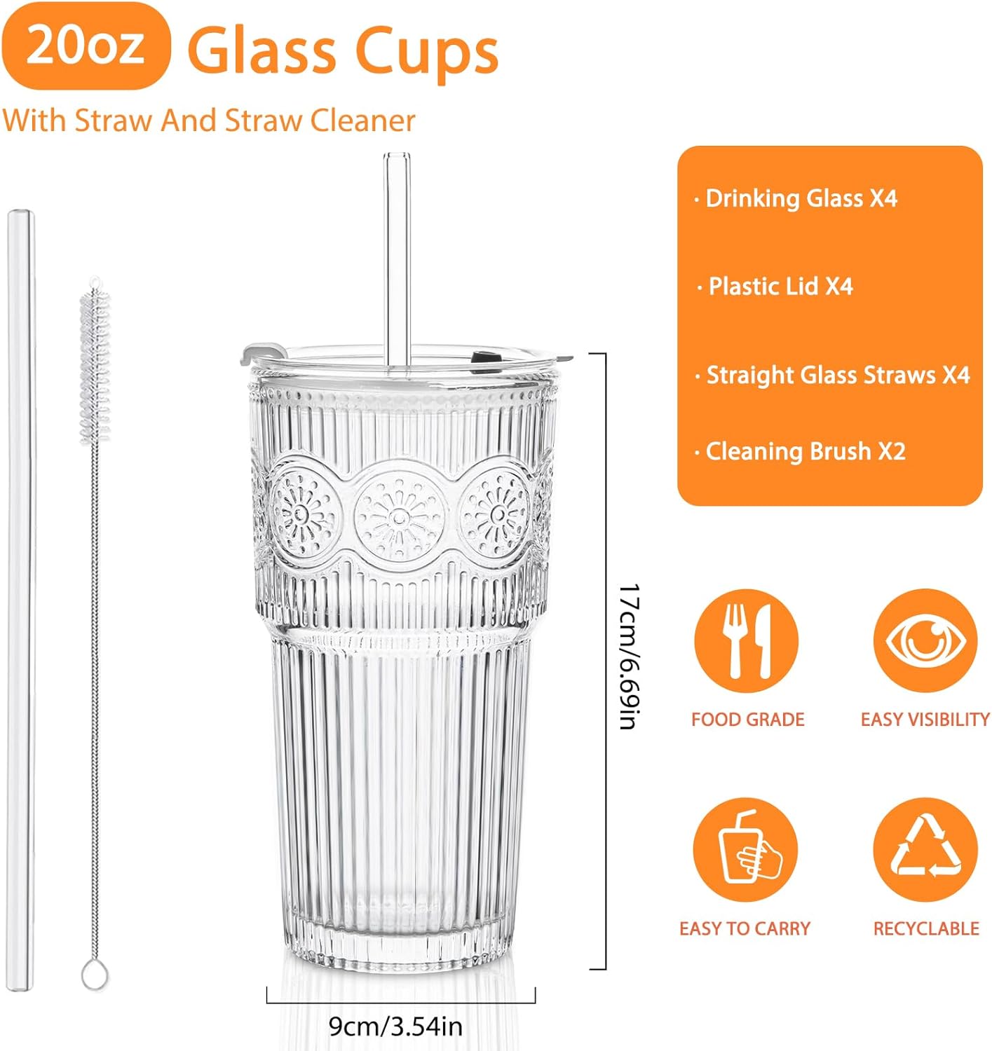 20oz Ribbed & Floral Glass Tumbler Set of 4 – Reusable Glass Cups with Lid and Glass Straw, To-Go Iced Coffee Cups for Water, Smoothie, Milk, Cocktail & More – Perfect for Daily Use & Travel