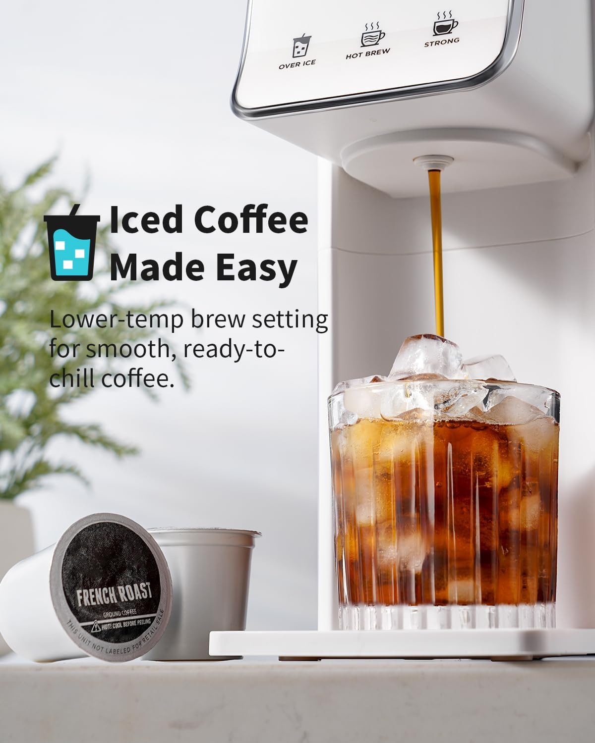Hot & Iced Coffee Maker for K-Cups & Ground Coffee, Single-Serve Brewer with Bold Setting, Reusable Filter, Travel Mug Friendly, Compact & Quick Brew, White