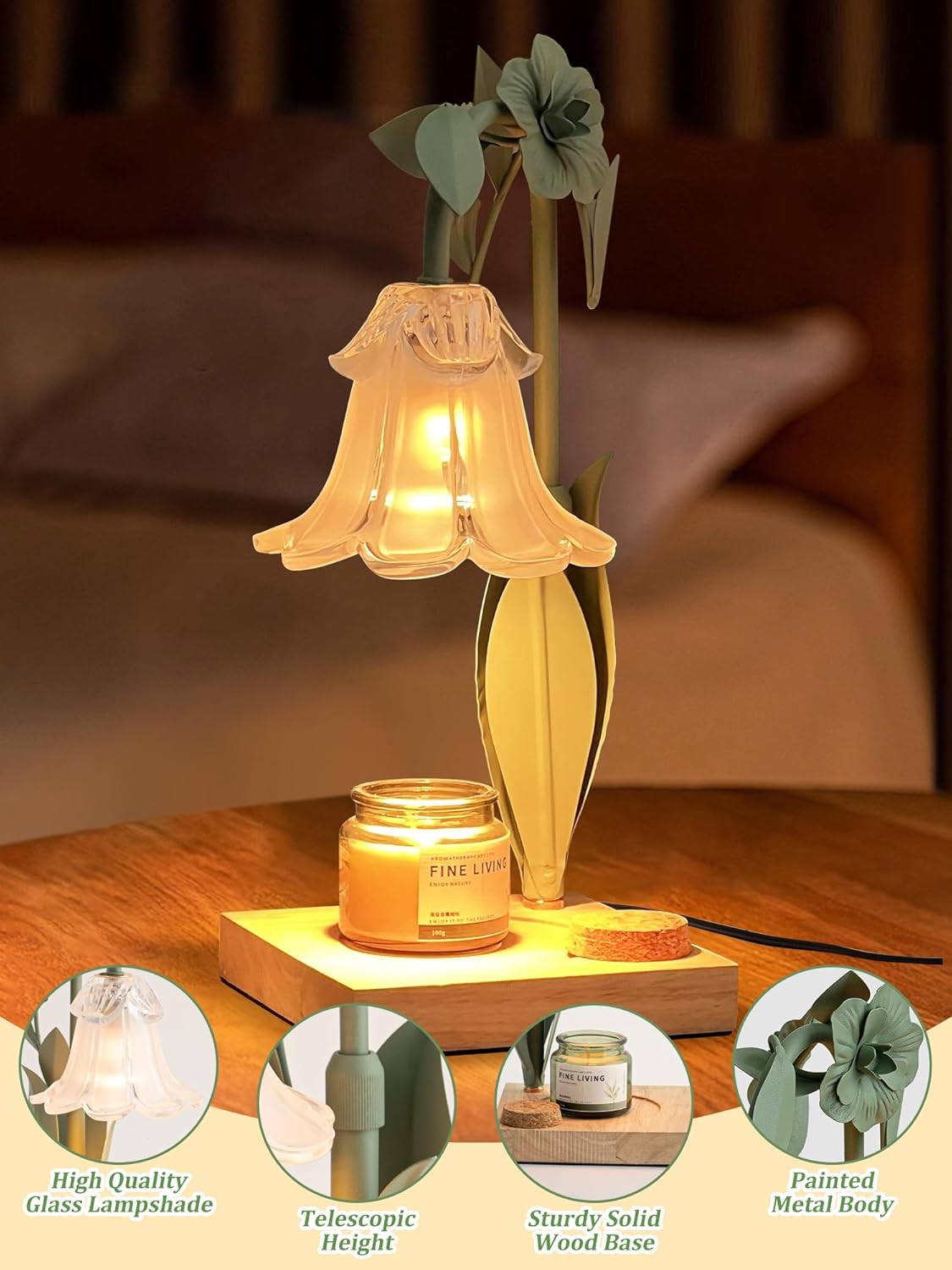 Flower Candle Warmer Lamp with Timer,Dimmable Candle Lamp Warmer,Adjustable Height Candle Warmer for All Jar Candles,Bedroom Living Room Home Decor Aesthetic Christmas Birthday Gifts for Women