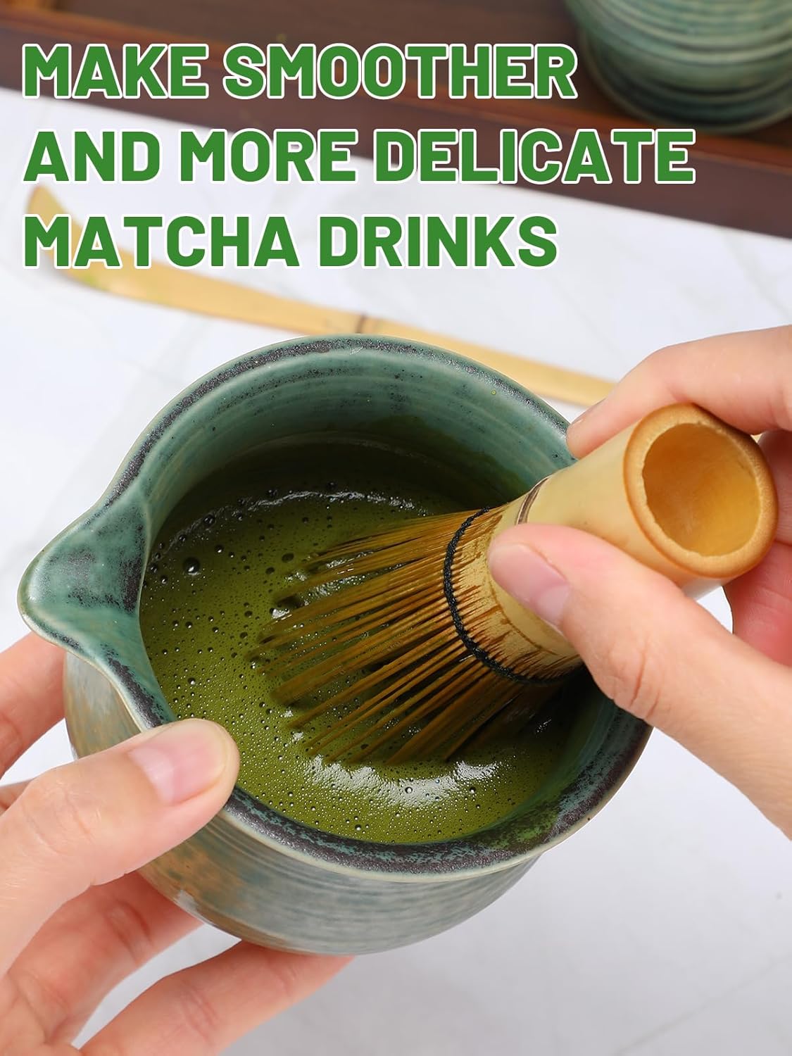 MADHOLLY Matcha Whisk Set with Tray - Matcha Bowl with Spout, Whisk and Holder, Bamboo Scoop, Japanese Matcha Kit Tea Ceremony Gift for Matcha Lovers