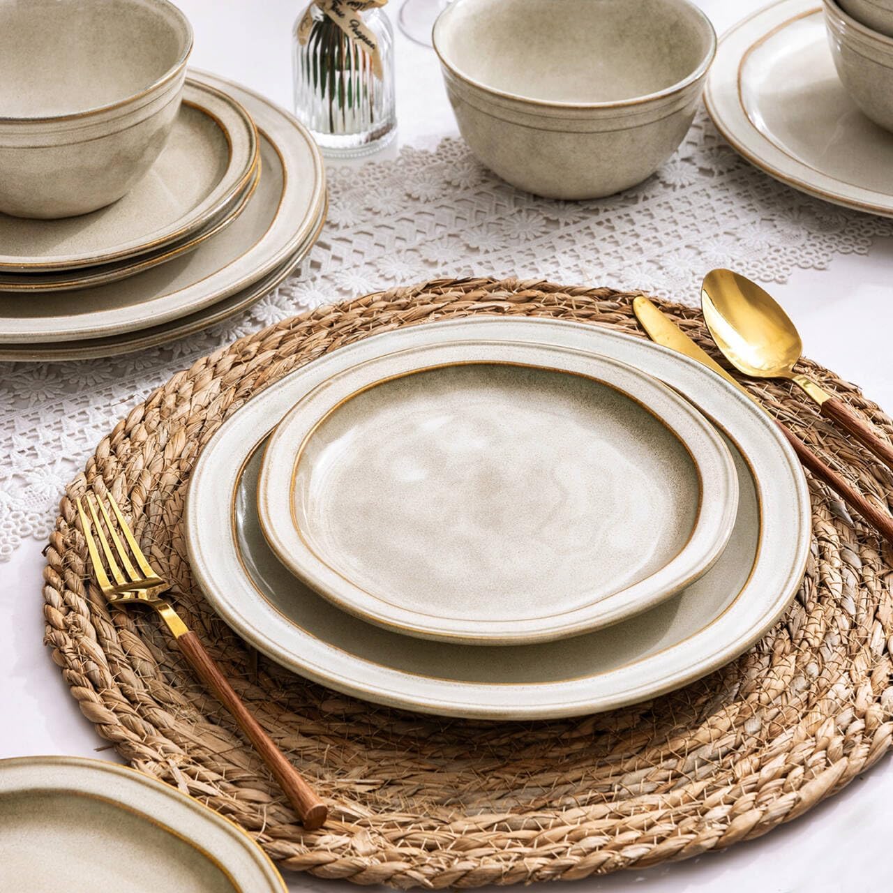 AmorArc Ceramic Dinnerware Sets,Stoneware Handmade Reactive Glaze Plates and Bowls Sets,Chip and Crack Resistant | Dishwasher & Microwave Safe,Dishes Set Service for 4 (12pc)