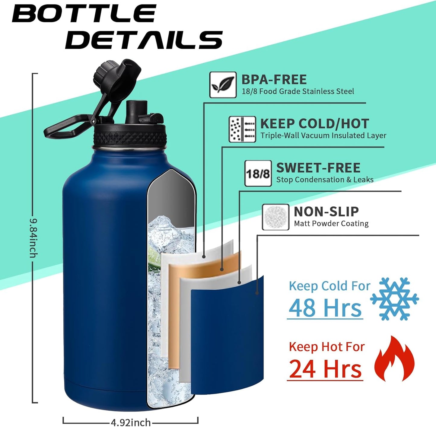 64OZ Insulated Water-Bottles with Straw - Spout Lid, Stainless Steel Metal Water Jug Keep Cold 48h/Hot 24h, Half Gallon Water Bottle w/Paracord Handle & Carry Sleeve Strap for Hiking Camping Sport