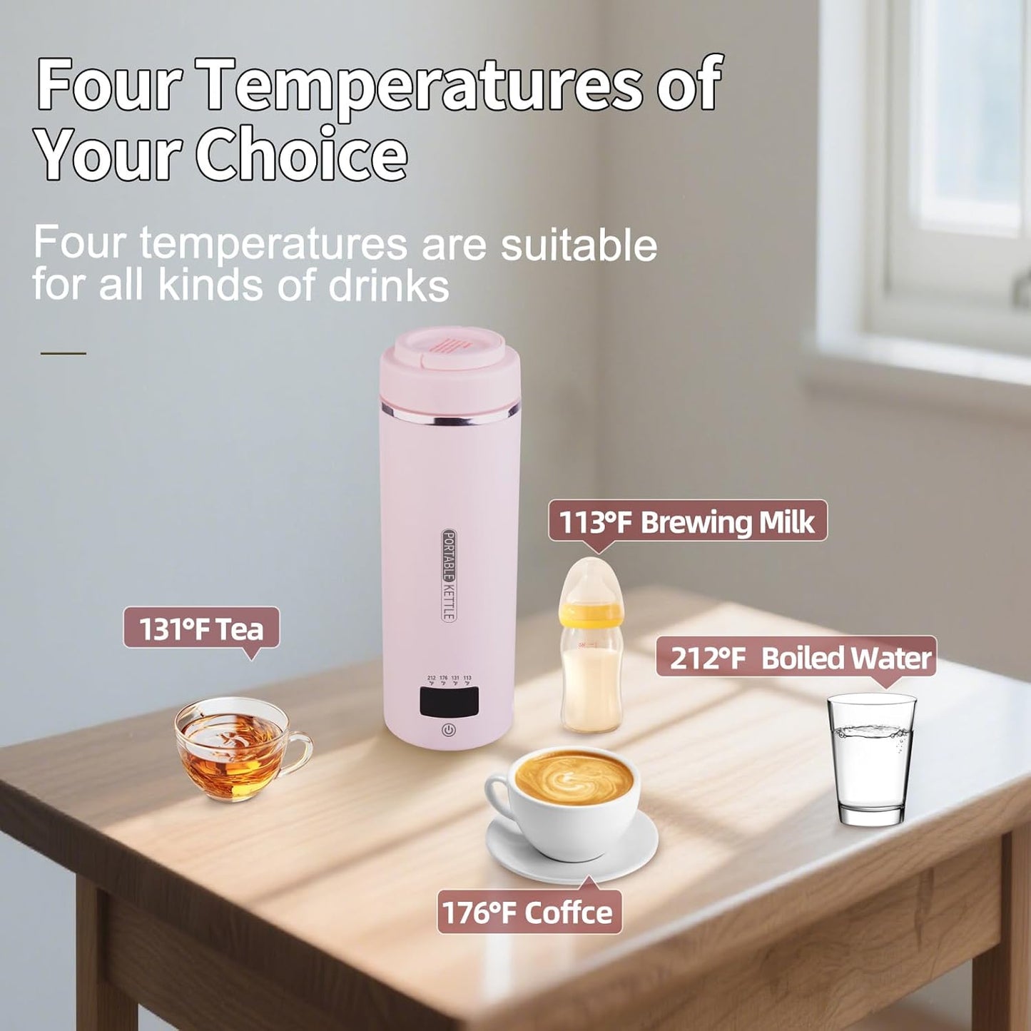 Travel Kettle Portable Electric Kettle with Plug-in Boiling & Keeps Warm via USB, Portable Water Boiler with 4 Temperature Settings, 304 Stainless Steel with Auto Shut-off 16oz(Pink)