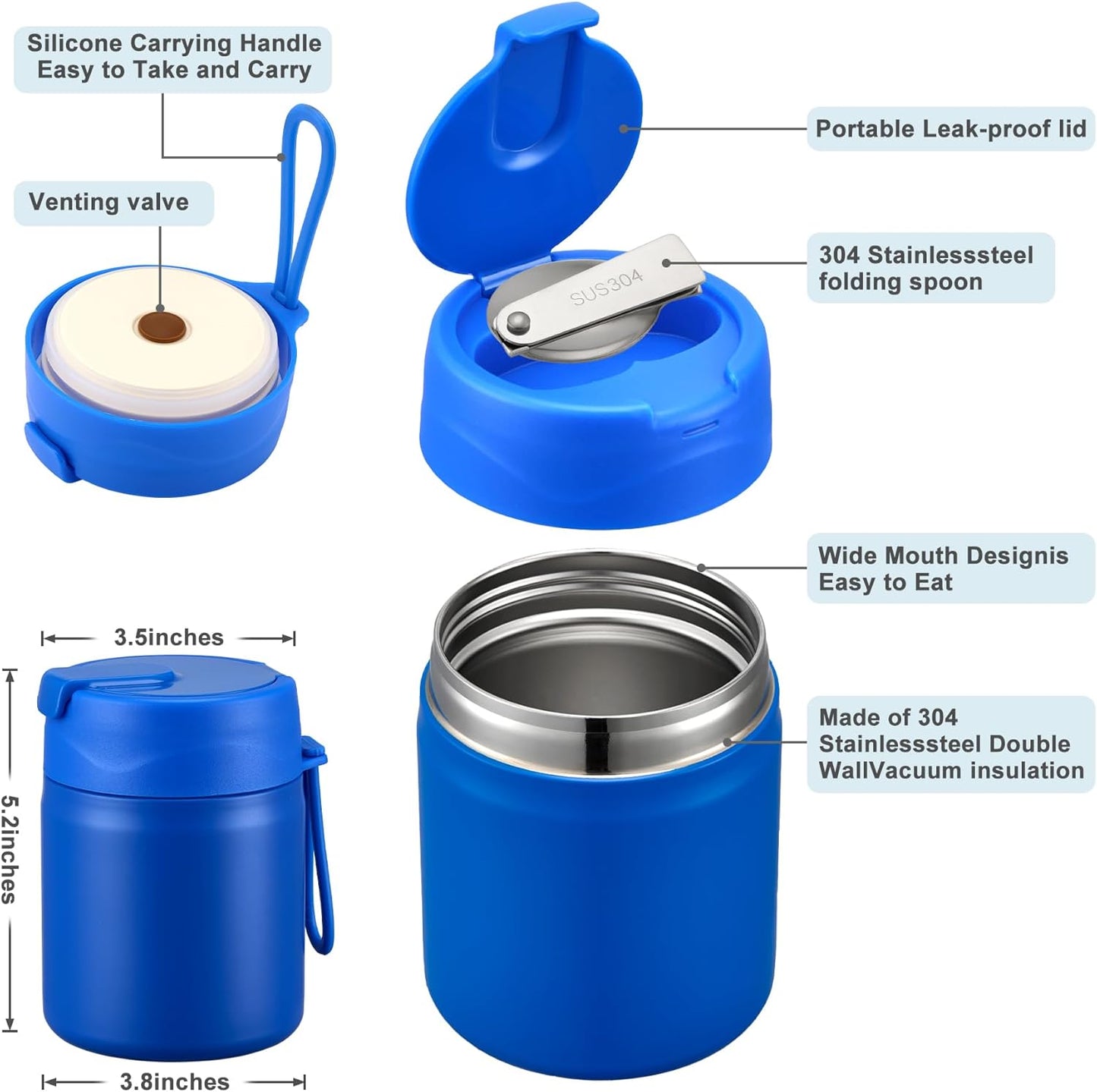 17oz Soup Thermo for Hot Food Kids,Insulated Food Jar with Spoon,Thermo Hot Food Lunch Container,Wide Mouth Leakproof Stainless Steel Lunch Box for School(Blue)