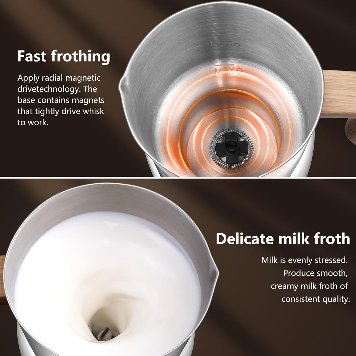 AMZCHEF 8-IN-1 Milk Frother and Steamer 550 Watts, 21 oz Split Stainless Steel Automatic Steamer, Milk's Warmer for Latte, Cappuccino, Hot and Cold Froth, Heated Milk, Hot Chocolate, Baby Food silver