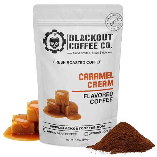 Blackout Coffee Caramel Cream Flavored Coffee - Ground Coffee, Fresh Roasted In the USA,12 oz pouch