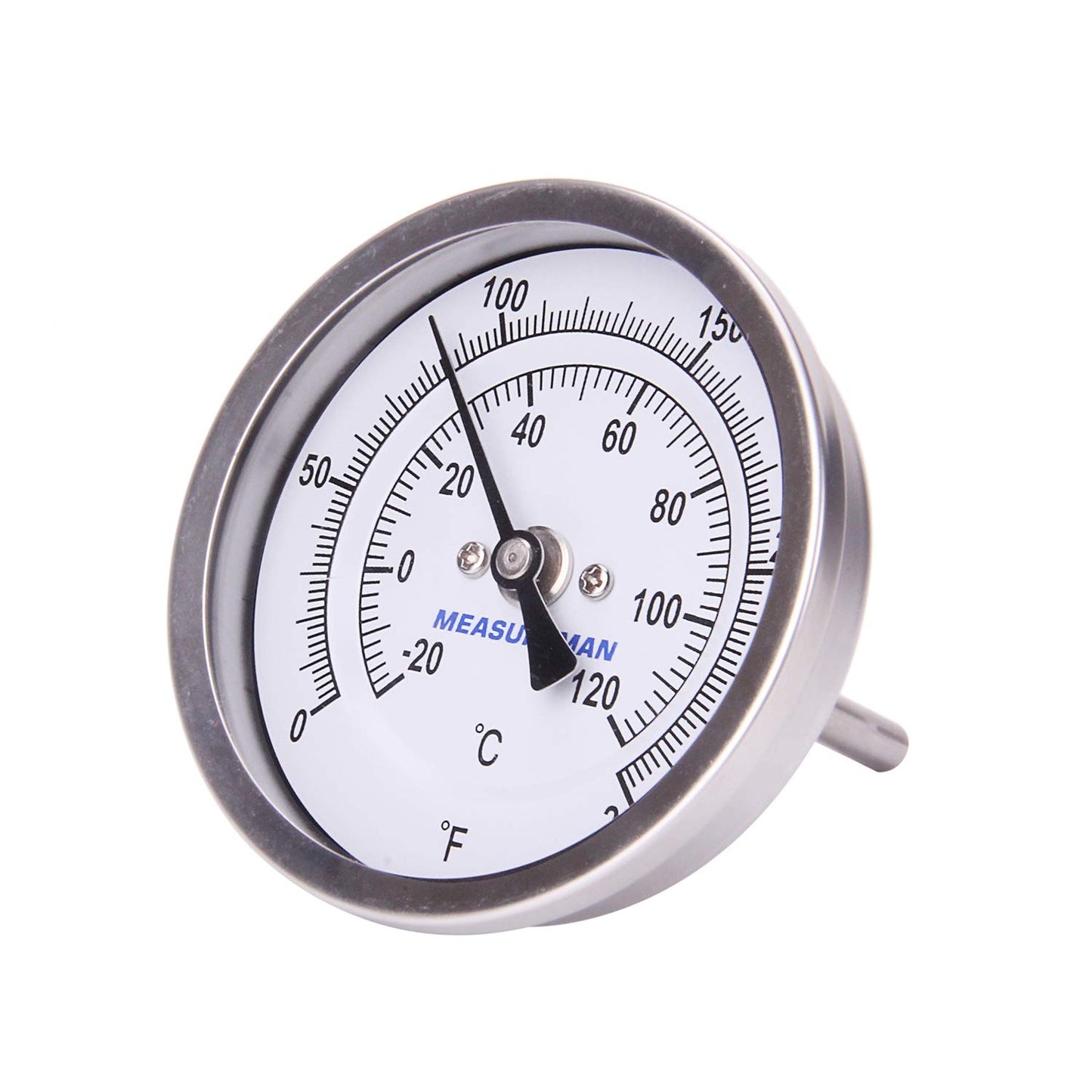 MEASUREMAN Fully Stainless Steel Pot, Kettle, Brewing Bimetal Thermometer, 3" Dial, 2-1/2" Stem, 0-250 deg F/-20-120 deg C, -1% Accuracy, Adjustable, 1/2" NPT Back Mount