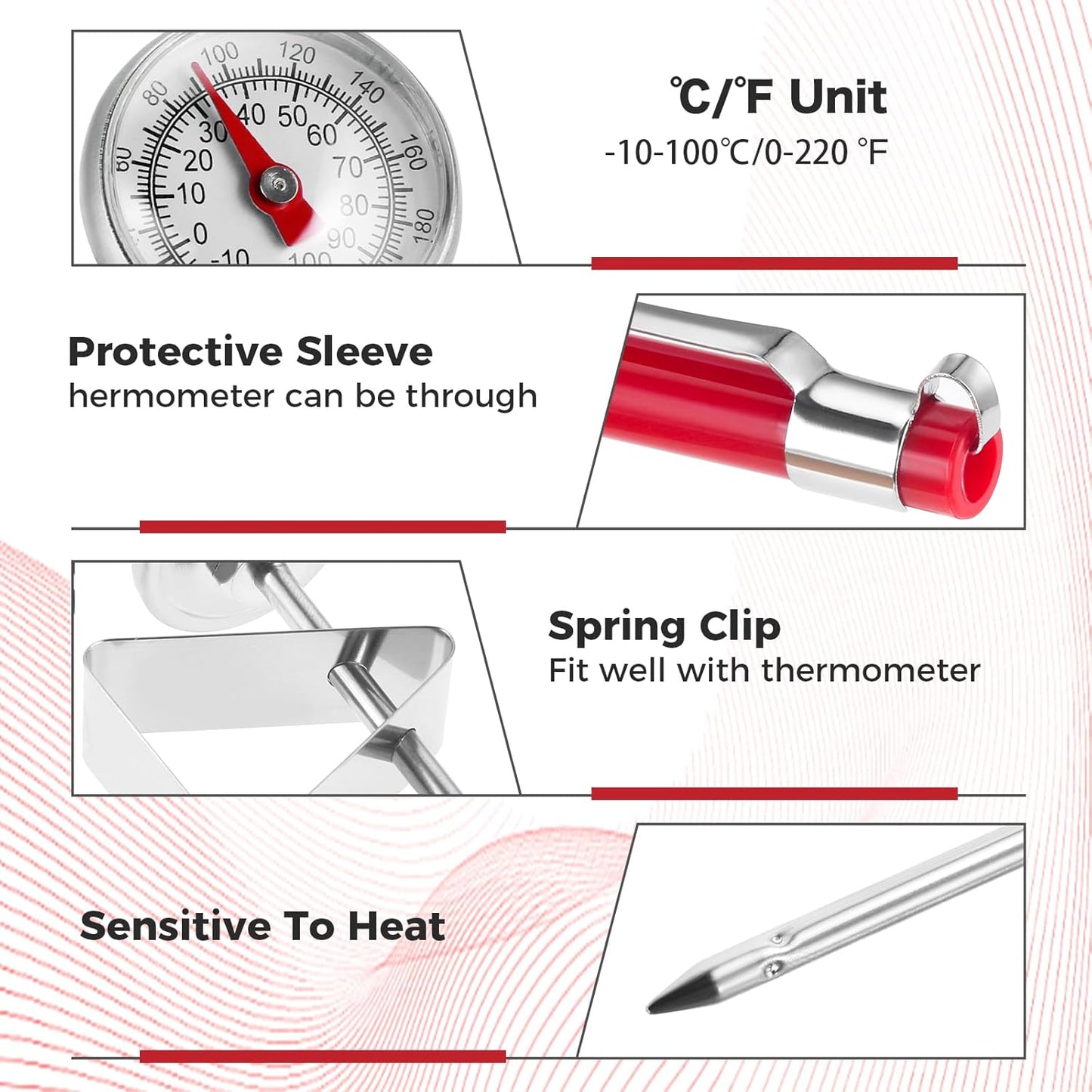 6 Pack Immediate Read Pocket Thermometer, 1 Inch Stainless Steel Dial Food Thermometer with 6 PCS Red Plastic Sleeves of Thermometers and 6 PCS Clips for Coffee Drinks Chocolate Milk Foam
