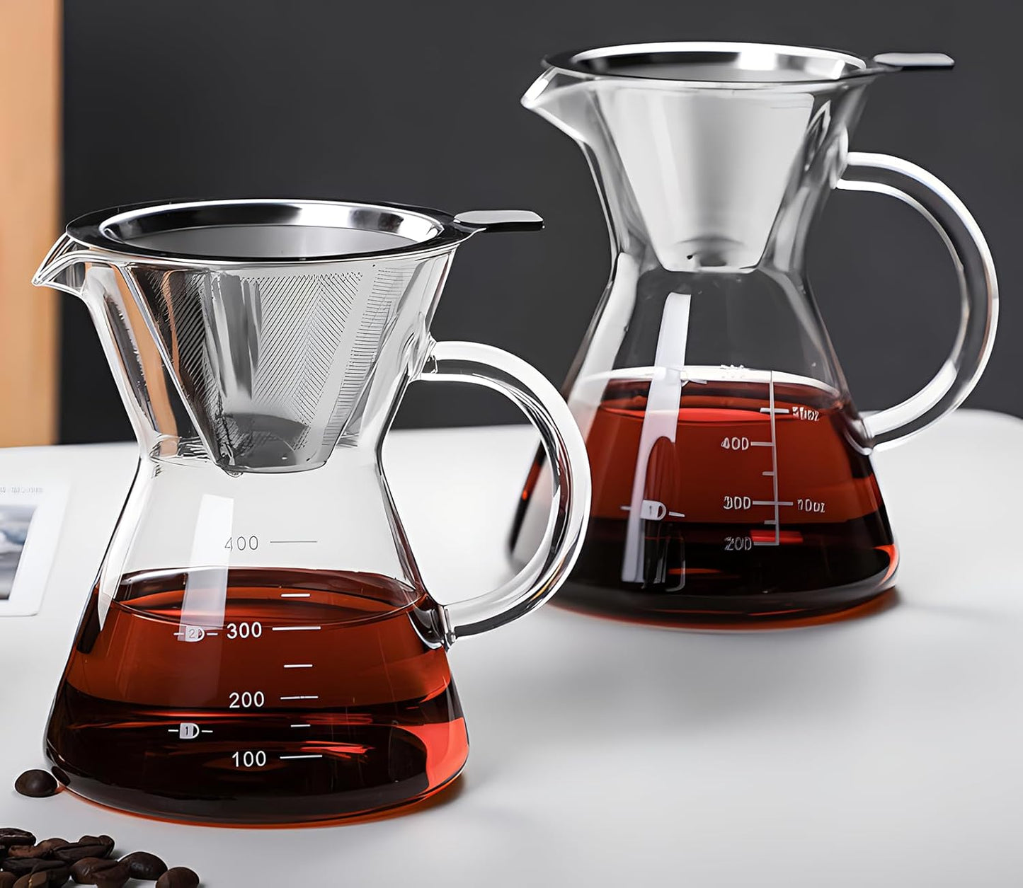 Pour Over Coffee Maker with Reusable Stainless Steel Drip Filter, Glass Drip Coffee Maker Set, Lead-Free Borosilicate Glass Coffee Carafe for 1-4Cup, Clear (500ml/17oz)