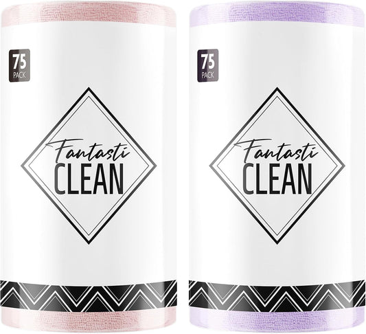 Fantasticlean Microfiber Cleaning Cloth Roll -150 Pack, Tear Away Microfiber Towels, 12" x 12", Reusable, Washable, Ultra Absorbent Dishcloth for Home Supplies, Car, Pet, Kitchen (Pink & Lavender)