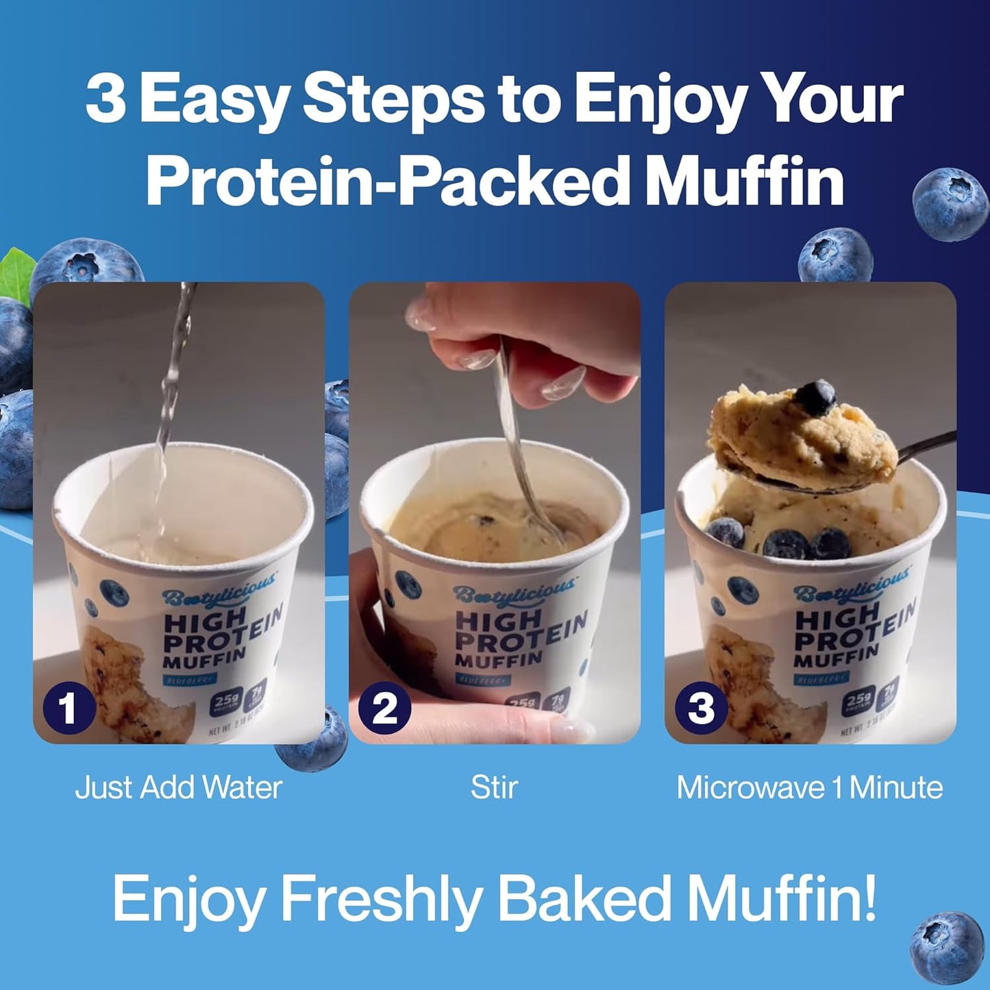 Bootylicious | High-Protein Muffin | 25g Protein, 7g Net Carbs, 2.32-2.75oz Cup, 12-Pack (Blueberry)