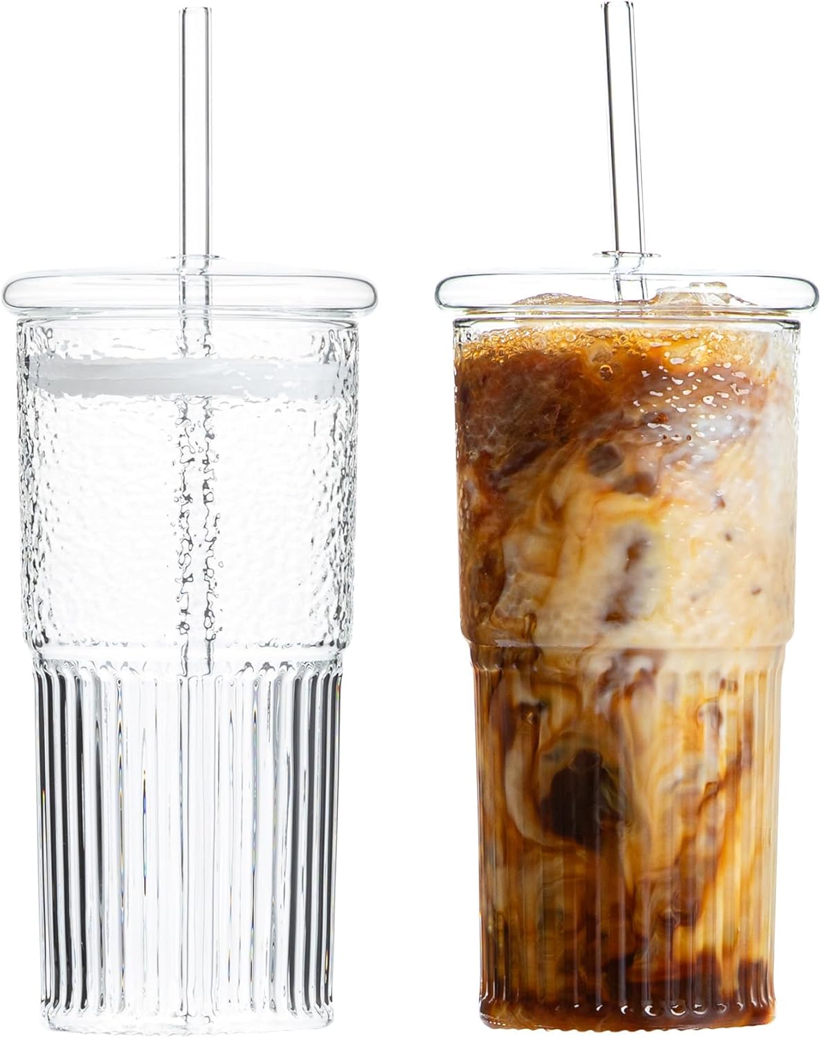 Glass Cups with Lids & Glass Straws, 20 Ounce High Borosilicate Iced Coffee Tumbler 2 Pack
