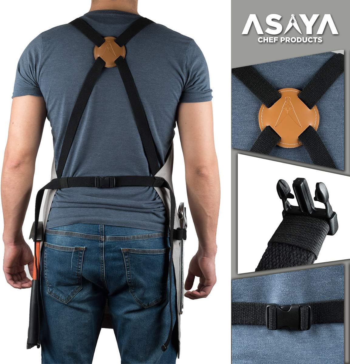 Asaya Chef and BBQ Apron with Bottle Opener and Hand Towel - 10oz Cotton Canvas, Stainless Steel Hardware - Cross Back Straps