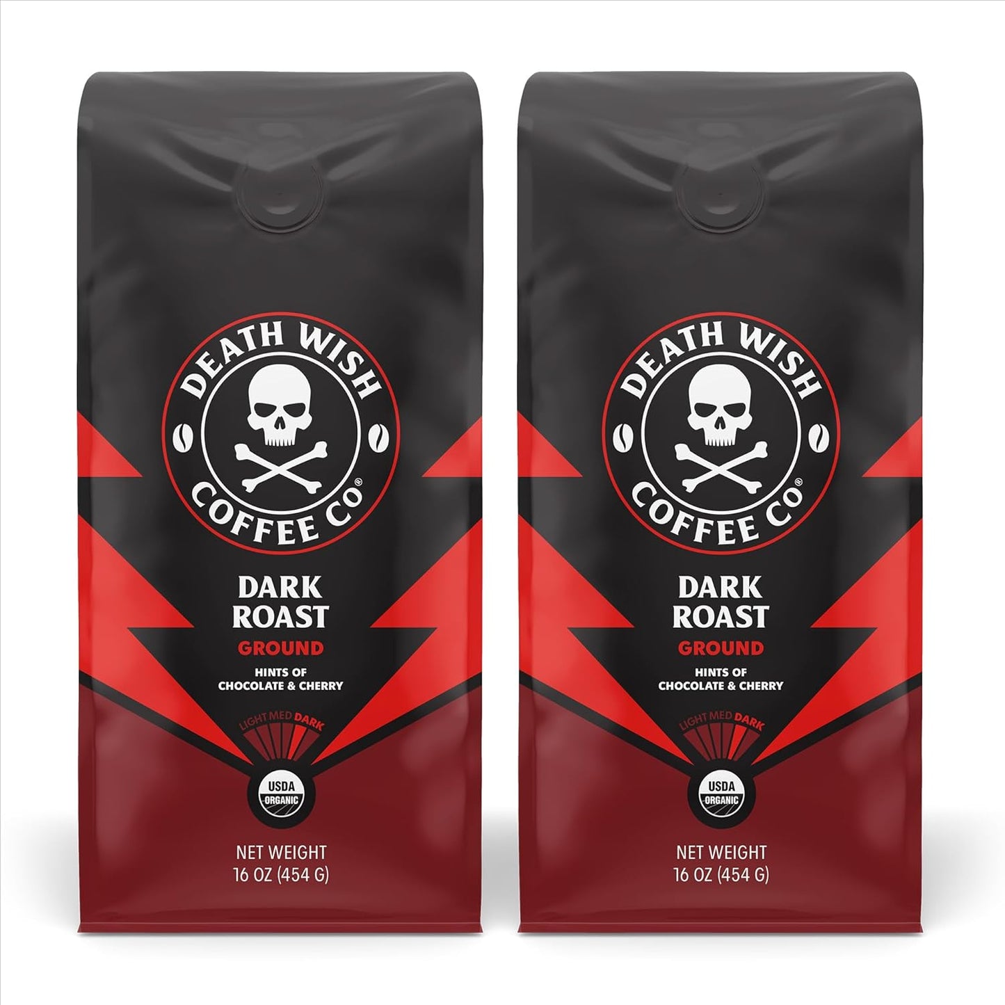 Death Wish Coffee Dark Roast Grounds -16 Oz, 2 Packs of Bold & Intense Blend of Arabica & Robusta Beans - USDA Organic Ground Coffee - Pack of 2