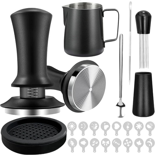 22 PCS Espresso Accessories Kit，58mm Coffee Tamper Set ，Barista Kit， - with Frothing Pitcher，WDT Tool，Stirrer，Tamper Mat ，Coffee Stencils，Latte Art Pen