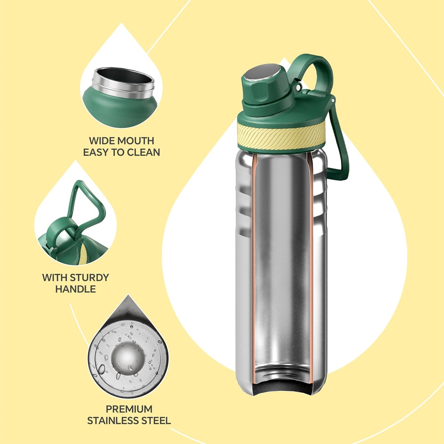 IDEUS Insulated Stainless Steel Water Bottle with 2 Leak-Proof Lids, Thermal Water Flask for Hiking Biking, 24oz, Green