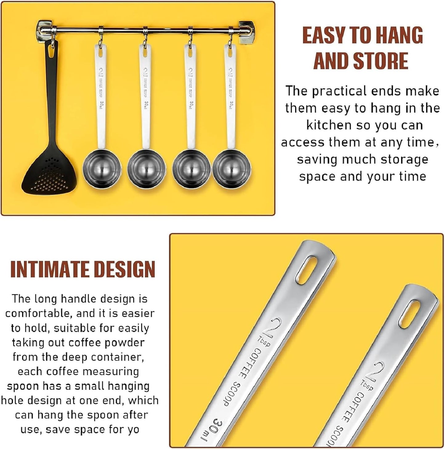 Geiserailie 8 Pieces 2 Tablespoon Scoops with Long Handle, 30 ml Stainless Steel Measuring Spoon for Coffee Milk Fruit Powder, Loose Tea Dry, Spice Jar, Cooking Baking, and Other Dry Goods