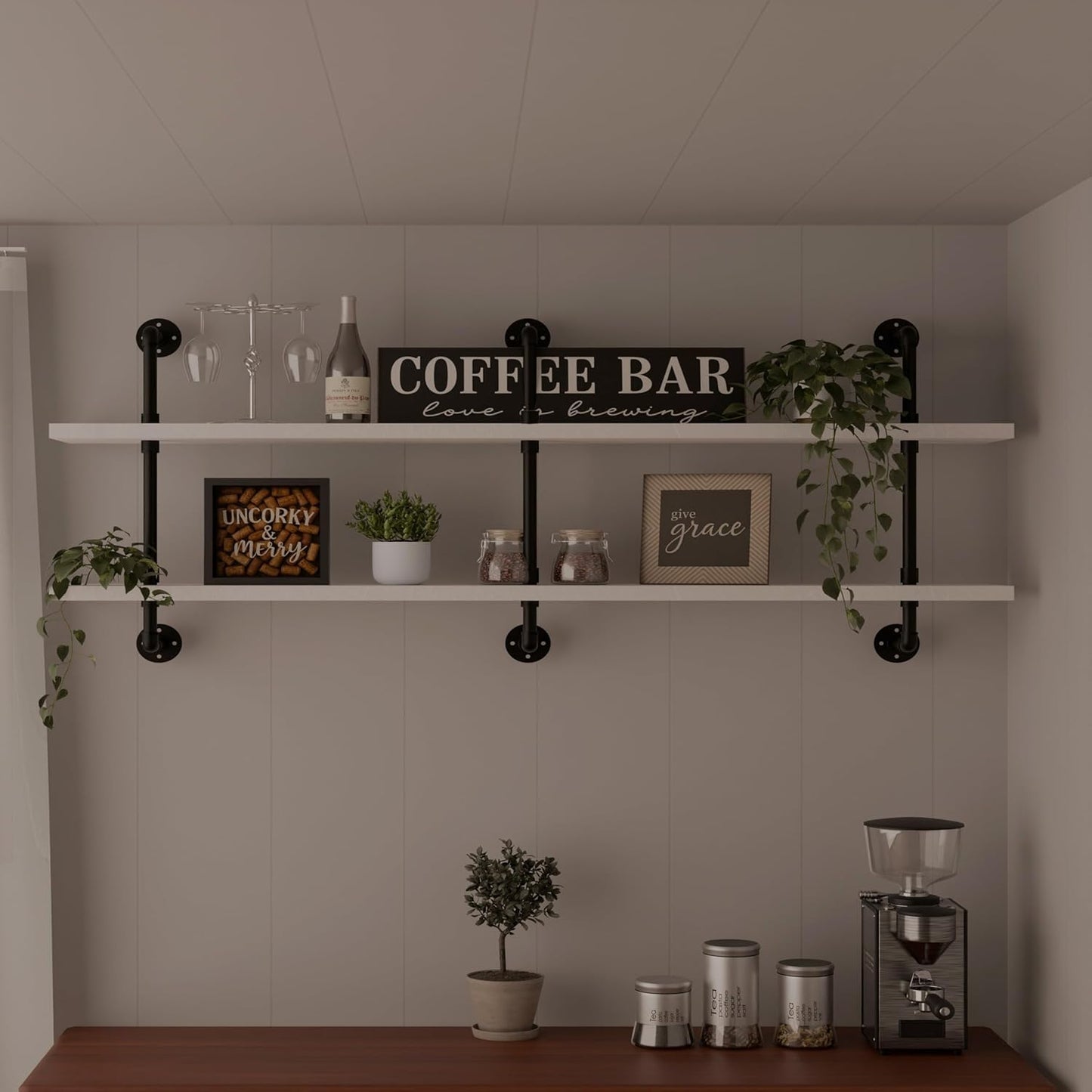 Industrial Pipe Shelving Rustic White Pipe Wall Shelves Industrial Shelves with Wood Planks Floating Shelves 60 Inch Farmhouse Bathroom,Kitchen Shelving Wall Mounted