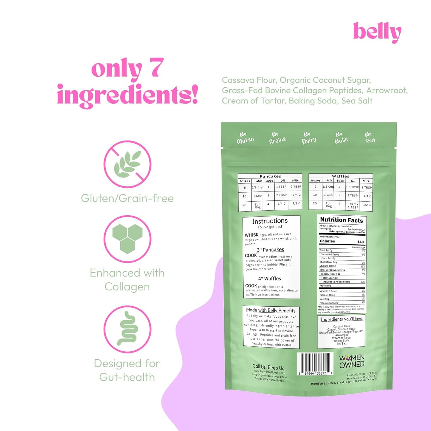 Belly Pancake Mix & Waffle Mix with Collagen Protein | High-Protein | Pancakes & Waffles | Grain-Free Dairy-Free Nut-Free | Healthy Snacks For Adults & Kids | Women-Owned Business | 9.4 oz | 3 Pack