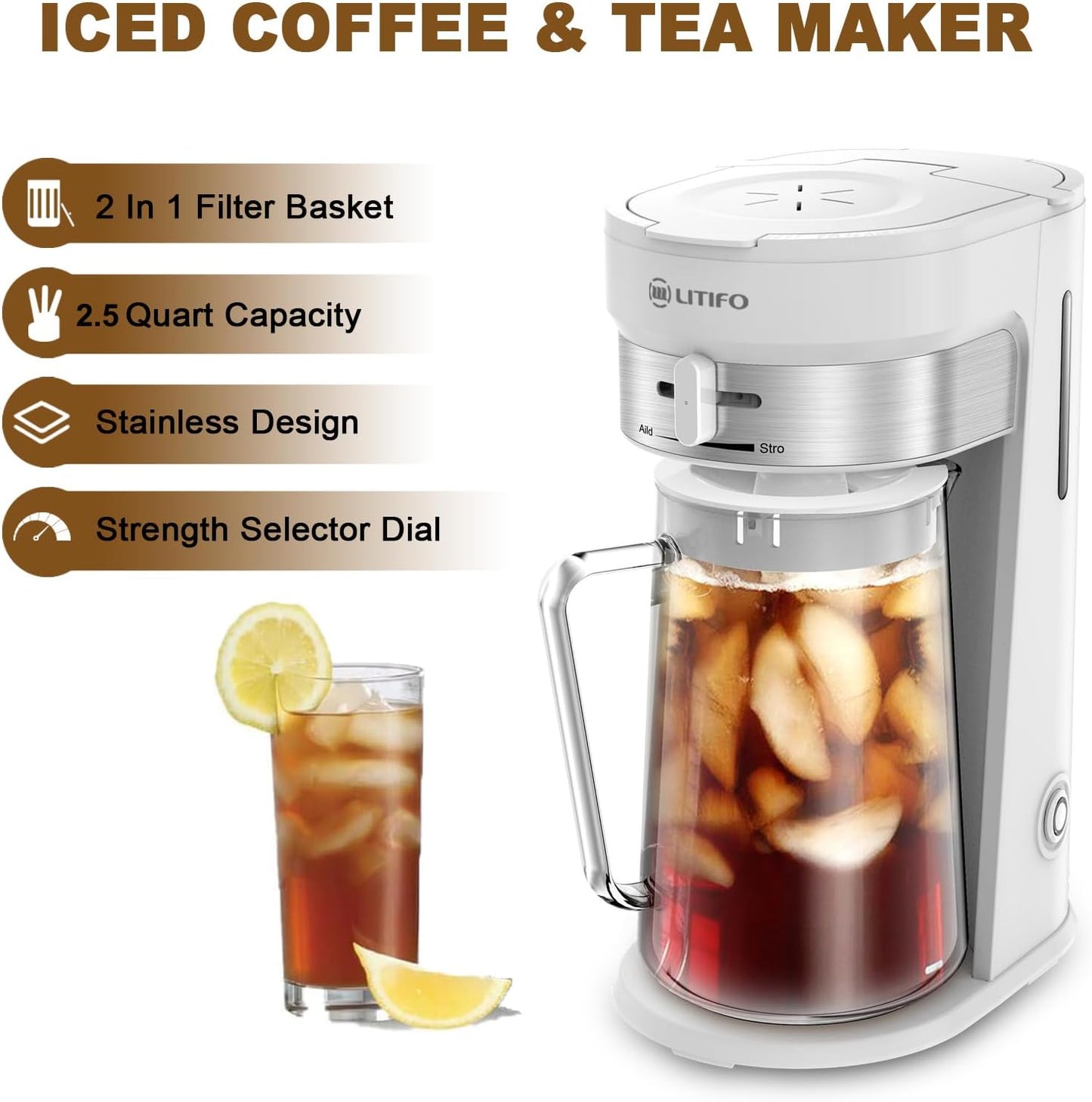 LITIFO Iced Tea Maker and Iced Coffee Maker Brewing System with 2.5-quart Pitcher, sliding strength selector for Taste Customization, Stainless Steel (White)