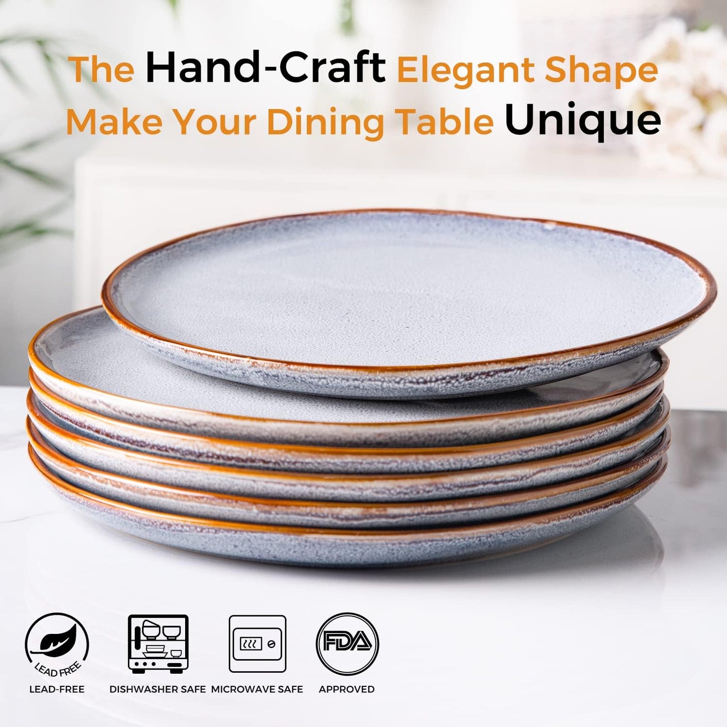 AmorArc Ceramic Dinner Plates Set of 6, 10.5 Inch Handmade Reactive Glaze Stoneware Plates, Large Rustic Shape Dinnerware Dish Set for Kitchen, Microwave & Dishwasher Safe, Scratch Resistant - Blue