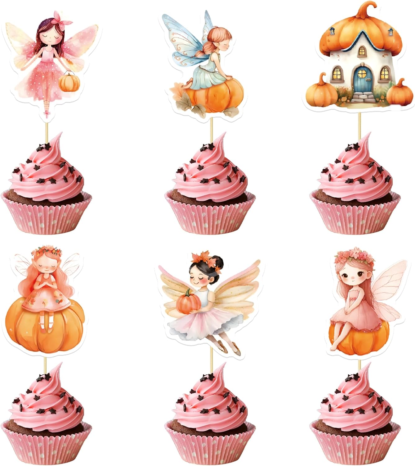 24Pcs Pumpkin Cupcake Toppers Flower Fairy Pumpkin Cupcake Picks Fall Harvest Theme Thanksgiving Baby Shower Party Supplies