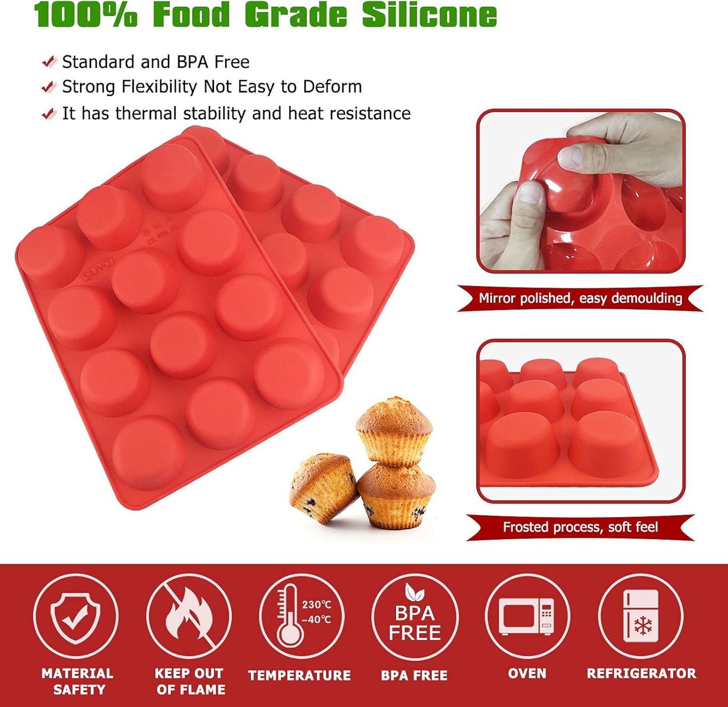 SILIVO Silicone Muffin Pans Nonstick 12 Cup(2 Pack) - 2.5 inch Silicone Cupcake Pan - Silicone Baking Molds for Homemade Muffins, Cupcakes and Egg Bites - 12 Cup Muffin Tin