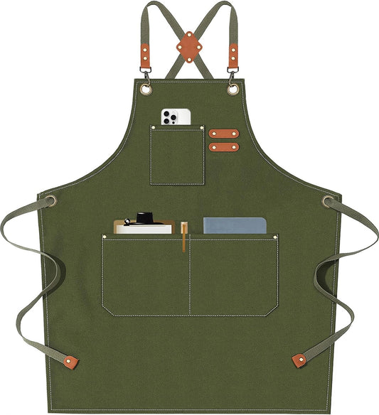 AFUN Chef Aprons for Men Women with Large Pockets, Cotton Canvas Cross Back Heavy Duty Adjustable Work Apron, Size M to XXL (Armygreen)