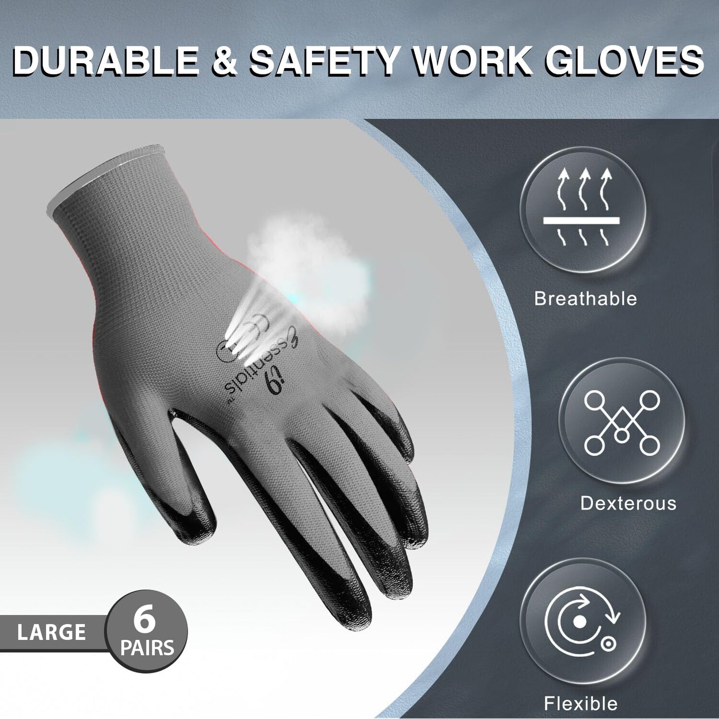 I9 Essentials Seamless Nitrile Coated Work Gloves, Large 6 Pairs, Black & Grey – Washable Grip for Construction, Gardening, Woodworking