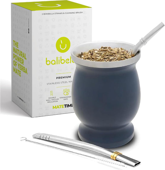 Balibetov [NEW] double wall Stainless Steel Yerba Mate Gourd set (Mate cup) with Yerba Mate Bombilla (straw) (GRAY)
