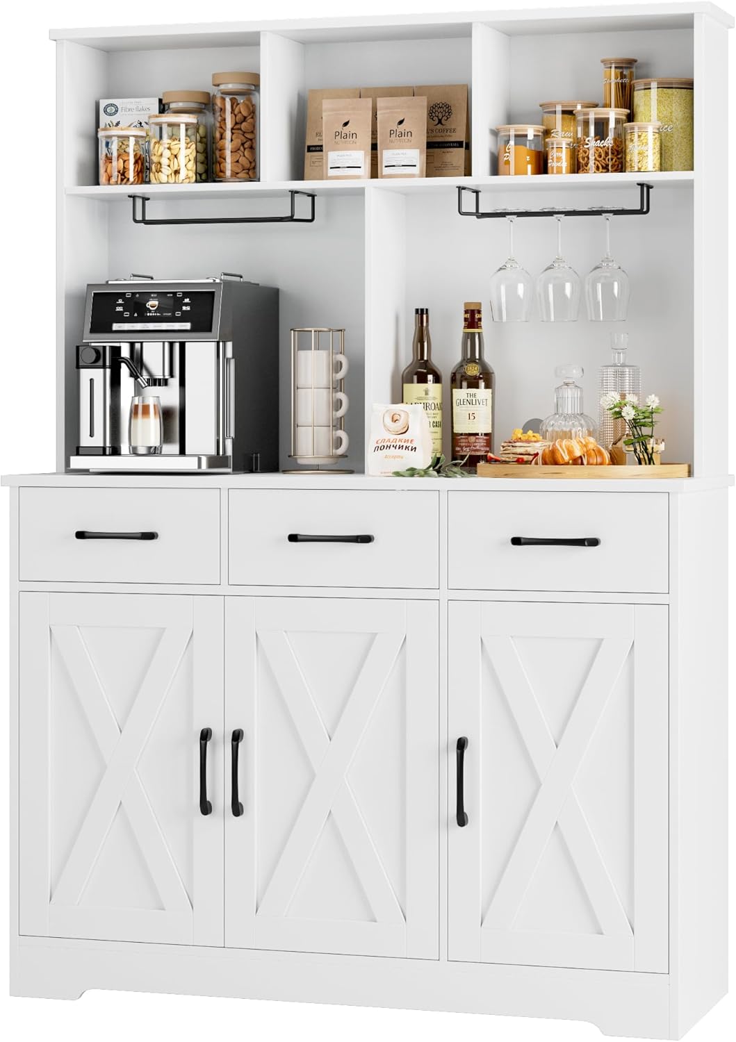 HOSTACK Buffet Cabinet with Hutch, Modern Farmhouse Kitchen Buffet Sideboard Storage with 3 Drawers, Barn Door Coffee Bar Station, Liquor Cabinet for Dining Room, Living Room, White