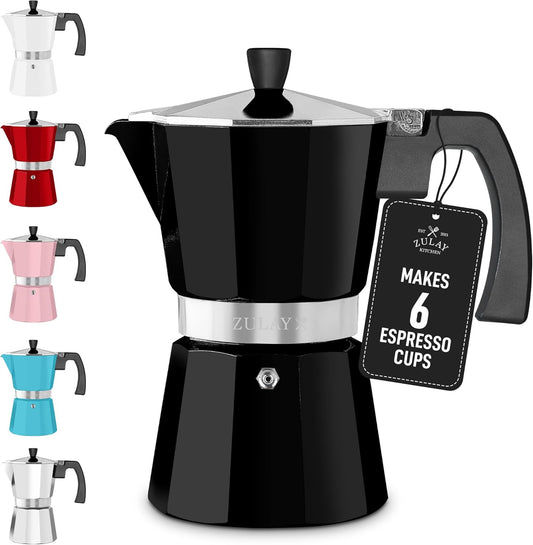 Zulay Moka Pot Espresso Stovetop Coffee Maker - Leak-Proof, Stainless Steel, Easy to Clean, Heat Resistant Handle & Knob - for Authentic Cuban & Italian Style Espresso - Makes 6 Espresso Cups - Black