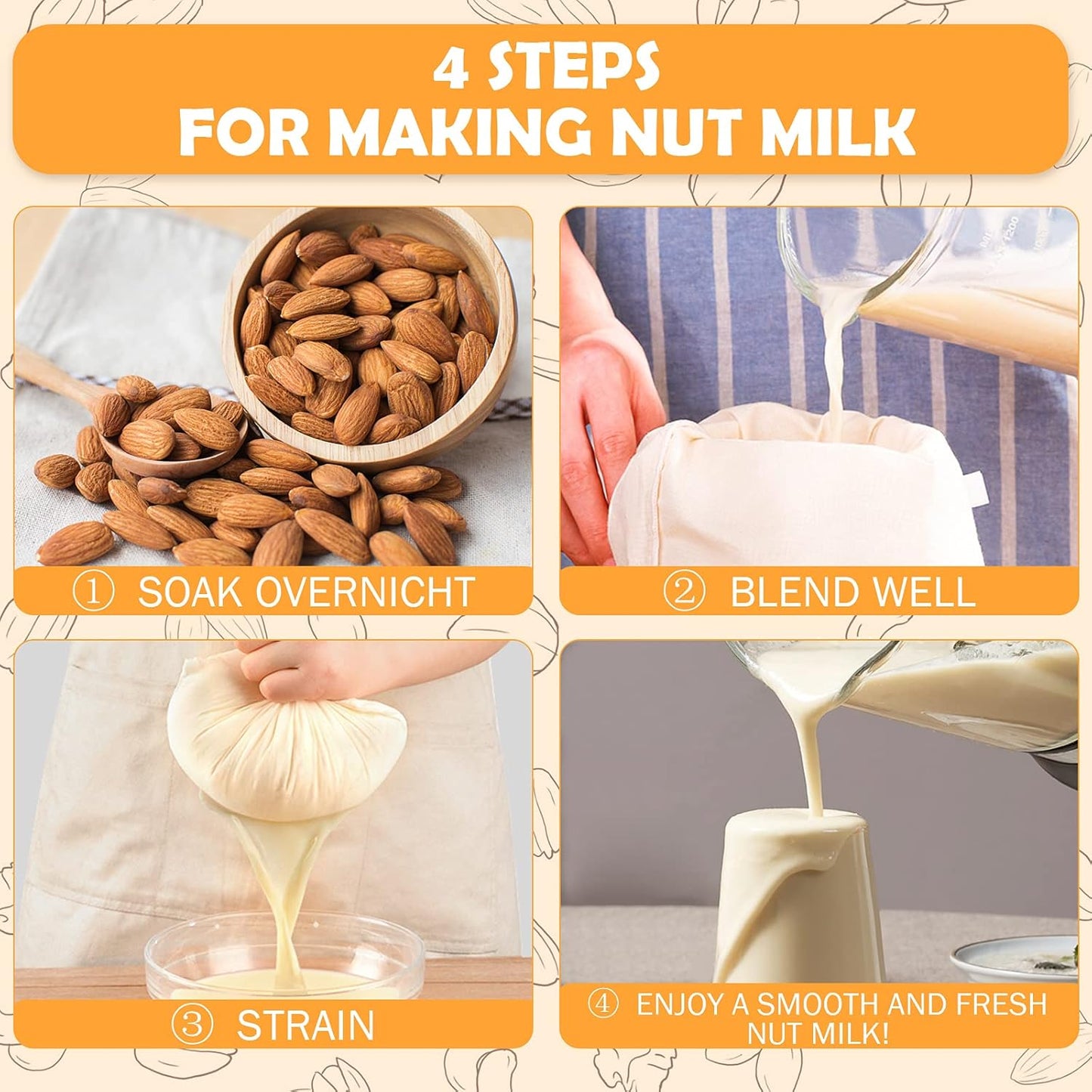 10 Pack Nut Milk Bag, 10‘’ x 12‘’ Fine Mesh Grade Reusable Cheesecloth Bags Strainers, Unbleached Organic Cotton Filter Bags for Almond Milk, Juices, ColdBrew, Cheese, Tea, Yogurt, Coffee