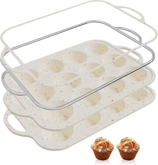 2 Packs 12 Cups Silicone Muffin Pan for Baking with Metal Reinforced Frame Regular Size Cupcake Pan Tray Chocolate Egg Pizza Bites Oven Top Cookie Molds Muffin Tin Tart Pans Sheet Set Bakeware Liner