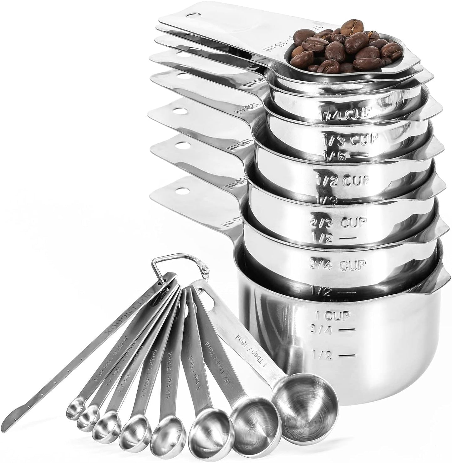 17 Piece Stainless Steel Measuring Cups and Spoons Set, with 1/16 Cup,1/3 Spoon and 1 Leveler