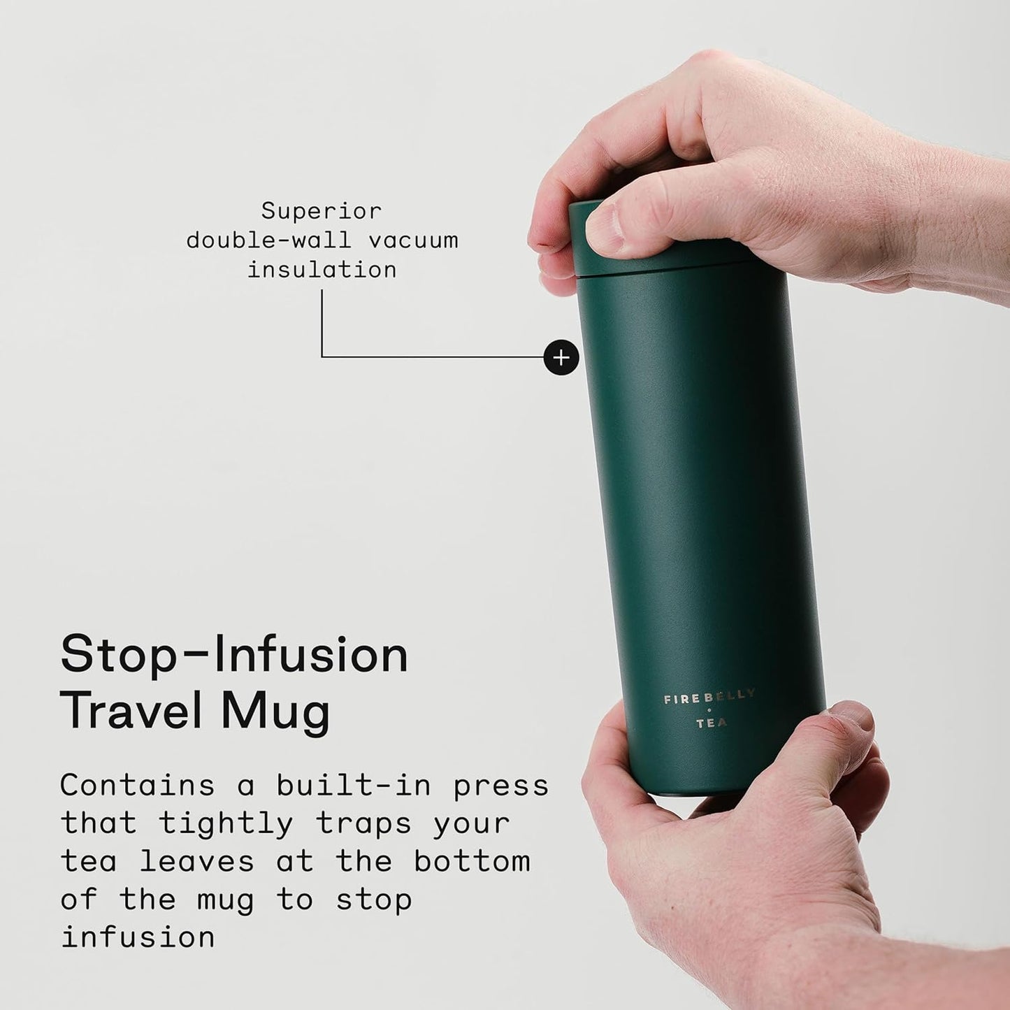 Firebelly Tea, Travel Tea Infuser Mug with Strainer, Insulated Tumbler for Loose Leaf Tea or Coffee, Leakproof Bottle for Hot or Iced Drinks, Stainless Steel Thermos with Lid, Forest