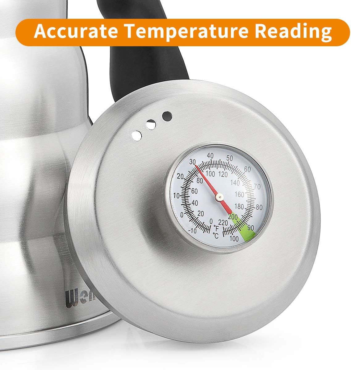 Pour Over Coffee Kettle with Thermometer for Exact Temperature 40 fl oz - Premium Stainless Steel Gooseneck Tea Kettle for Drip Coffee, French Press and Tea - Works on Stove and Any Heat Source