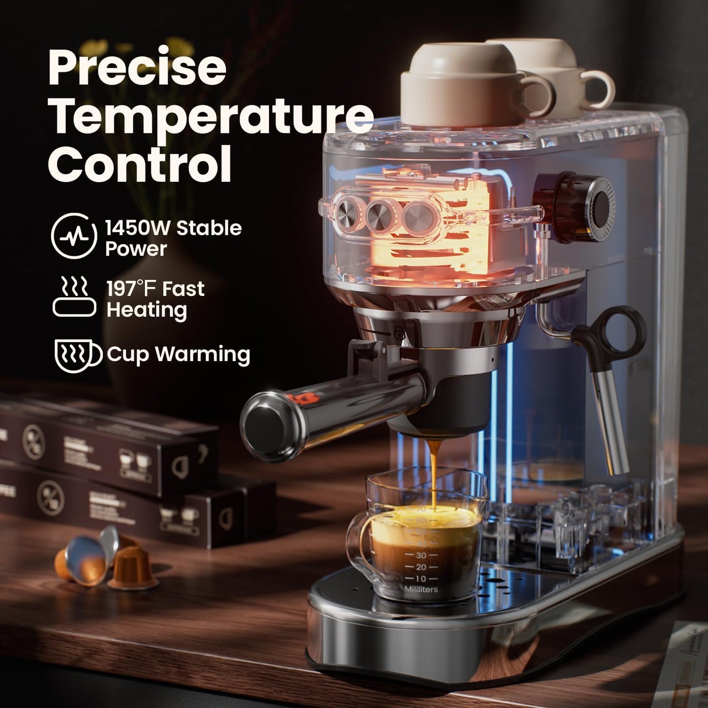 Espresso Machine - 20Bar Coffee Maker with Foaming Steam Wand: 1450W Compatible for Original Capsule & Ground, Single-Serve Espresso Maker with 35Oz Removable Water Tank for Latte, Kitchen