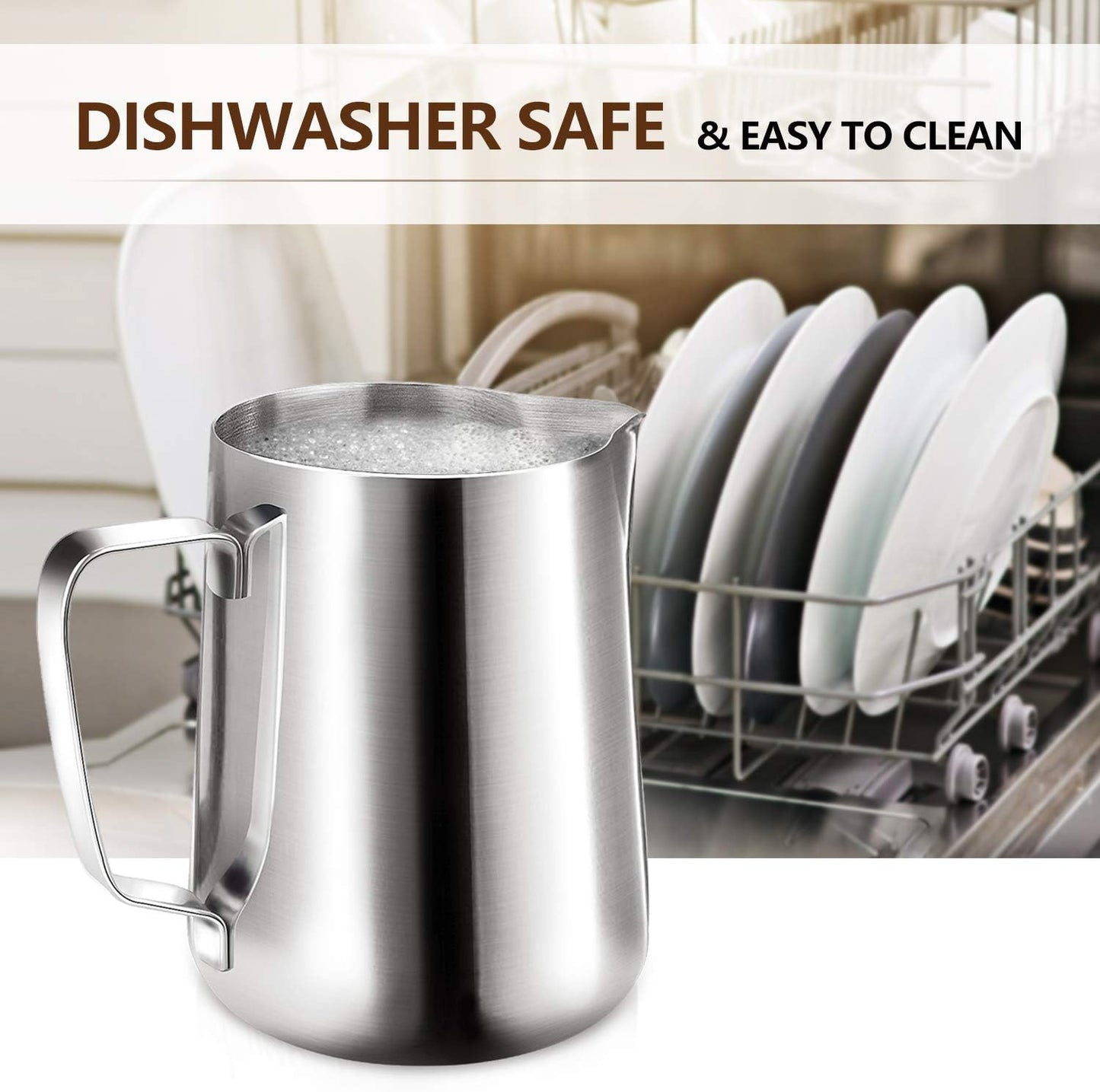 HOOMIL Milk Frothing Pitcher, 12oz/350ml Stainless Steel Steaming Pitcher Barista Milk Frother Cup Jug for Espresso Machine Coffee Cappuccino Latte Art - Silver