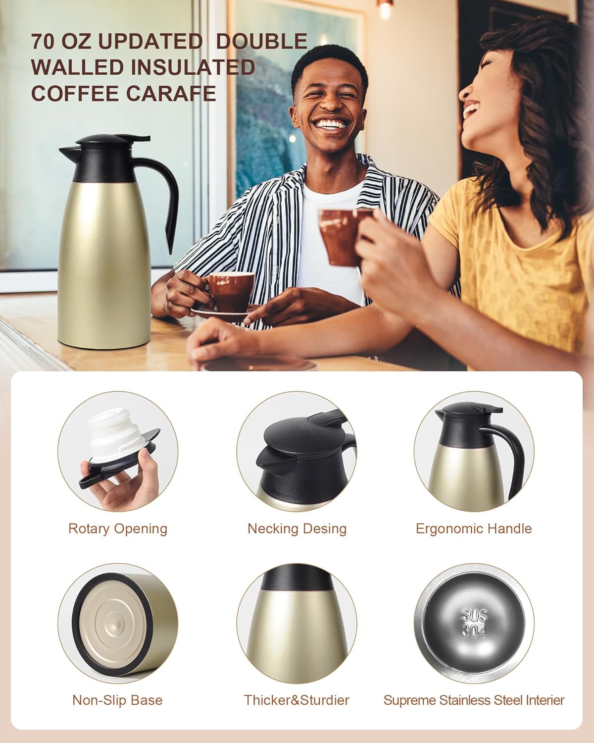 70 OZ Updated Thermal Coffee Carafe for keeping hot, 2 PCS Carafe for hot liquid, Insulated Stainless Steel Vacuum Thermal Pot for Coffee, Hot Water,Keep Hot 12 Hours (Gold+Gold)