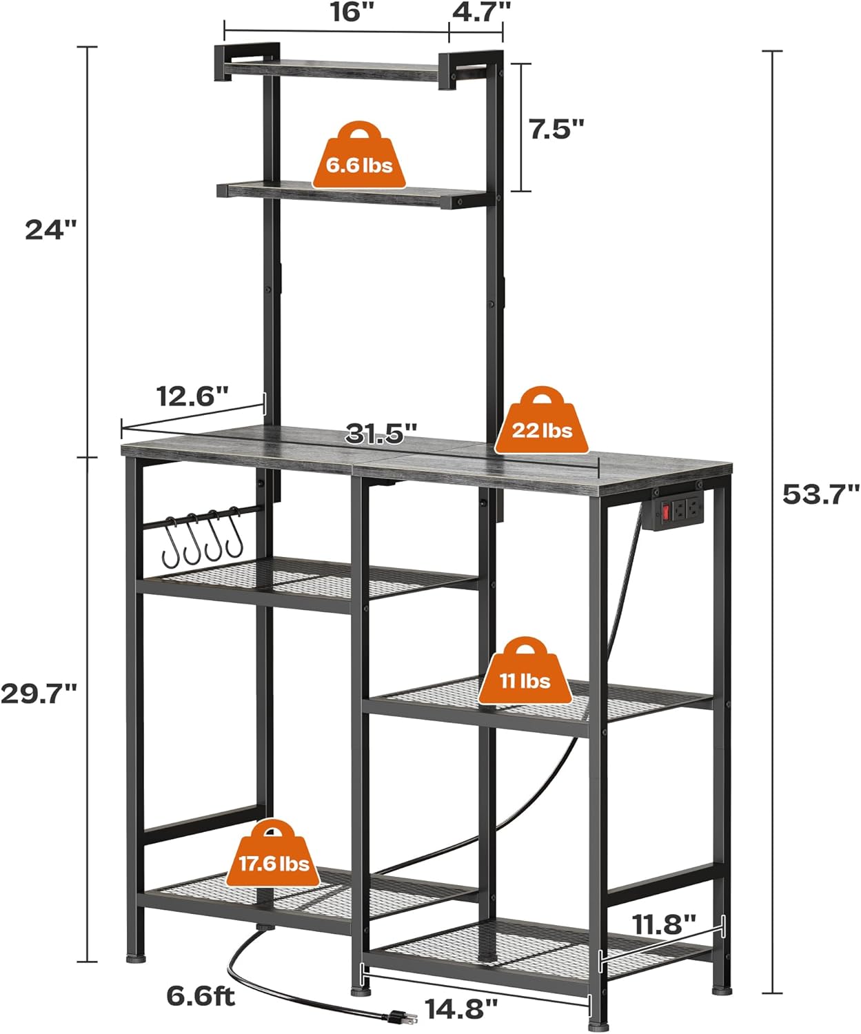 Huuger 31.5 Inch Bakers Rack with Power Outlets, Kitchen Microwave Stand with Storage, Coffee Bar with 4 Hooks, 3-Level Height Open Shelves, Grey