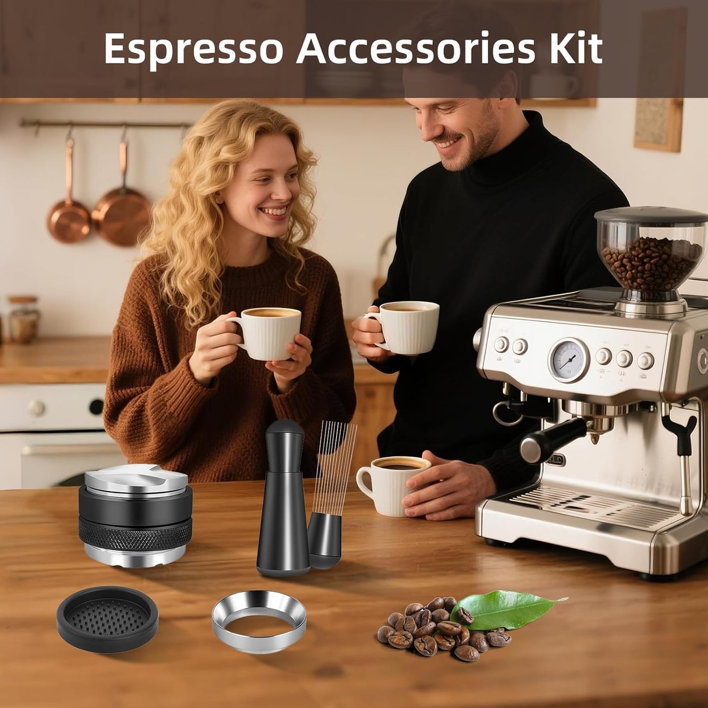 51mm Espresso Distributor Set - Coffee Distributor and Tamper Leveler Fits Portafilter Tamper 51mm - Barista Kit with WDT Tool and Dosing Funnel