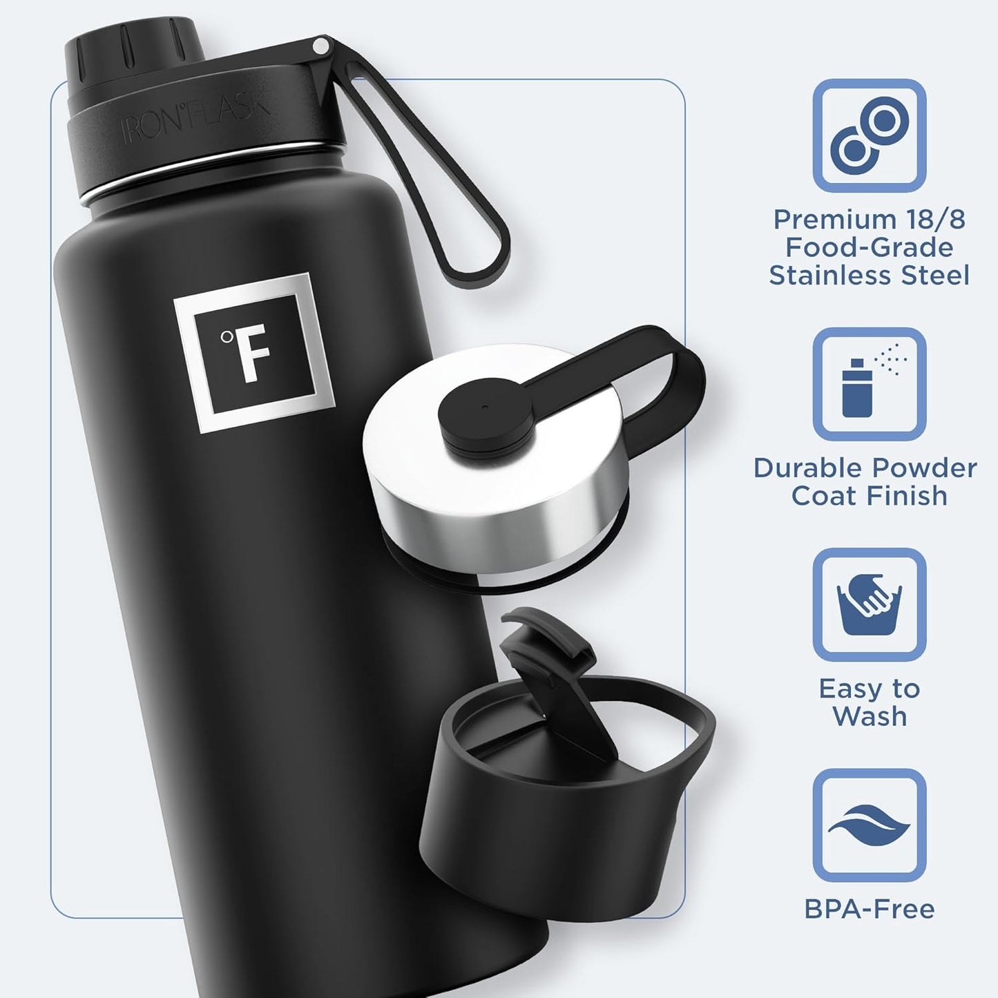 IRON °FLASK Camping & Hiking Hydration Flask with 3 Lids - Stainless Steel, Double Walled & Vacuum Insulated Water Bottle - Leak Proof & BPA Free (Dark Night, Spout - 32 oz)