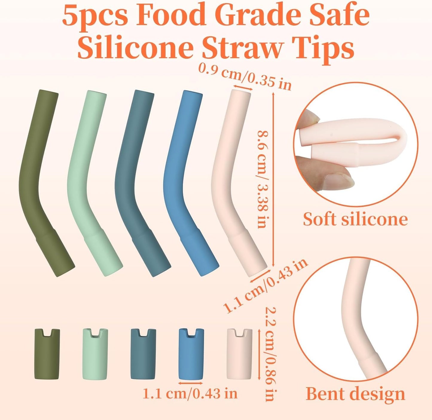 5PCS Bright Color Silicone Metal Strawing Tips, Rubber Straw Tips/Reusable Rubber Straw Sleeve for 8-10mm Diameter Straws, Siliconeing Straws Extenders for Metal Strawings, Silicone Extender Tipings