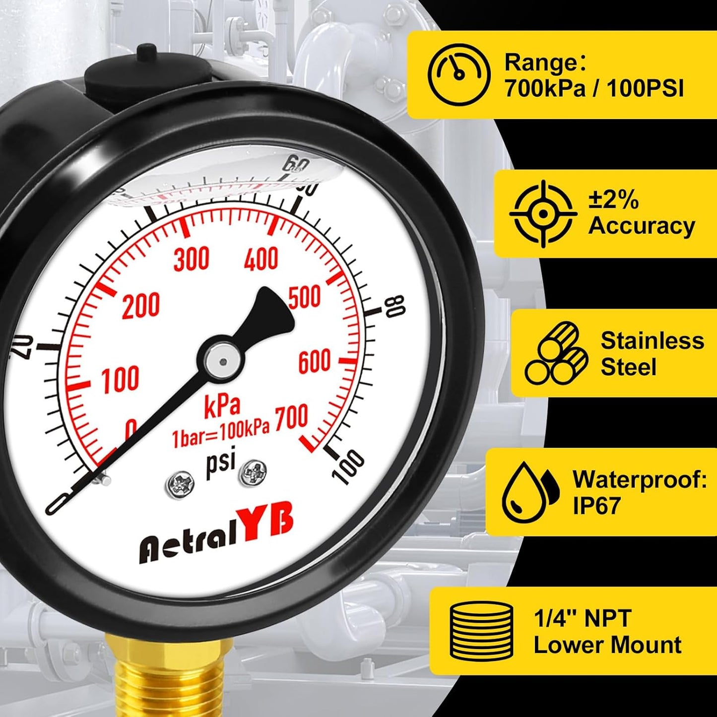 0-100 Psi 2.5 Inch Pressure Gauge Stainless Steel Case, Liquid Filled,1/4" NPT Lower Mount, IP67 Waterproof, for Water Pump, Pneumatic Air, Well, RV Hose, Tank, Gas